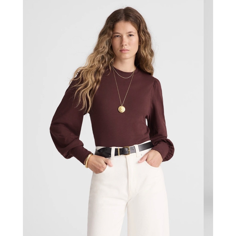 Madwell Puff Sleeve Top Women Small Brown Pima Cotton Slub Smocked Cuff NW942